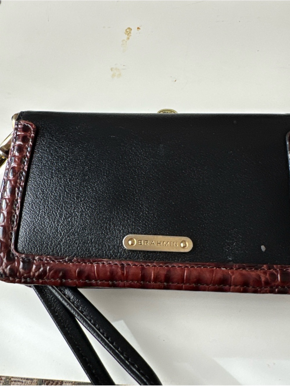 Brahmin Black with Burgundy Croc-Trim Wristlet